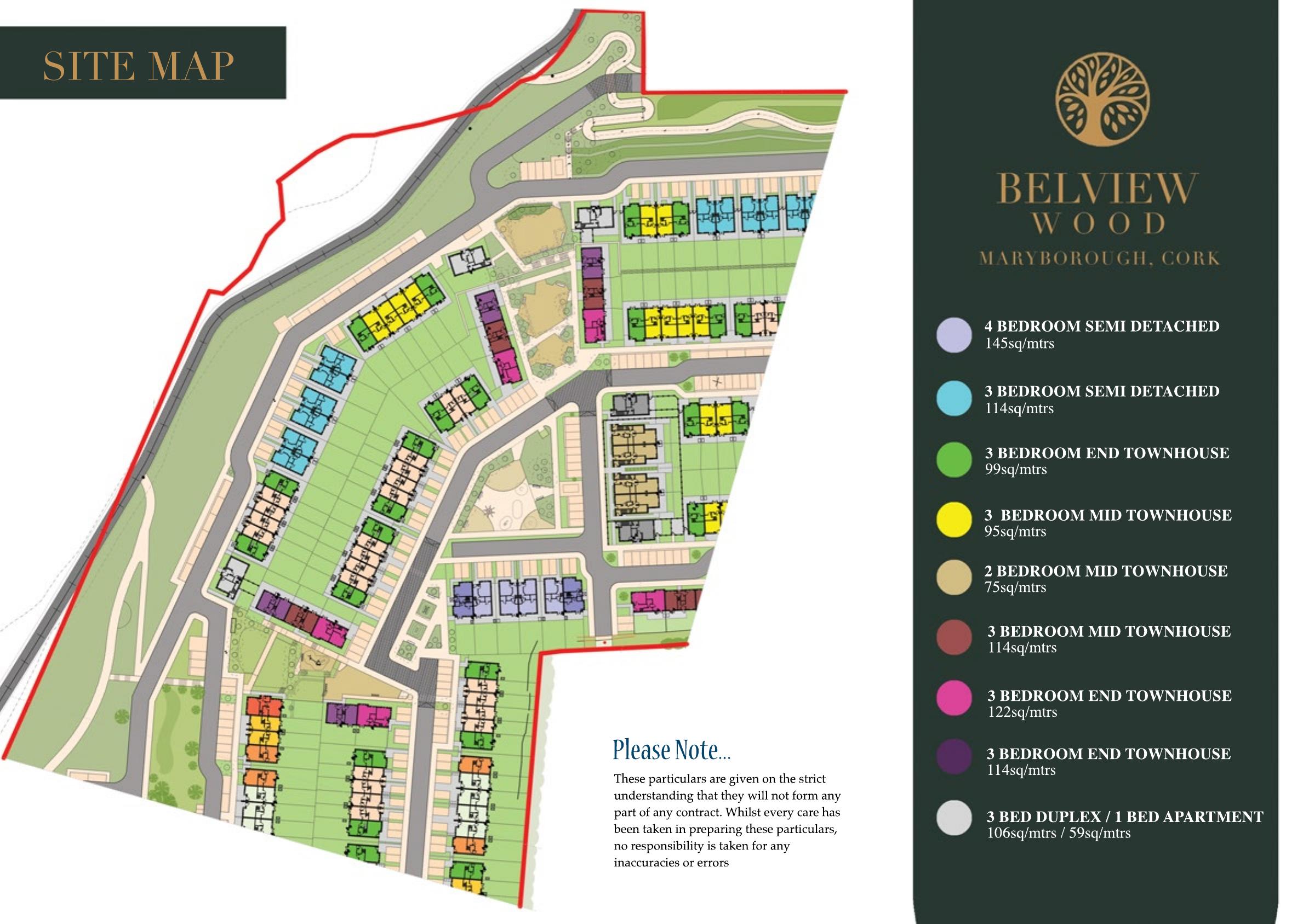 Site map of Belview Wood, Maryborough, Cork, showing house types and open green spaces